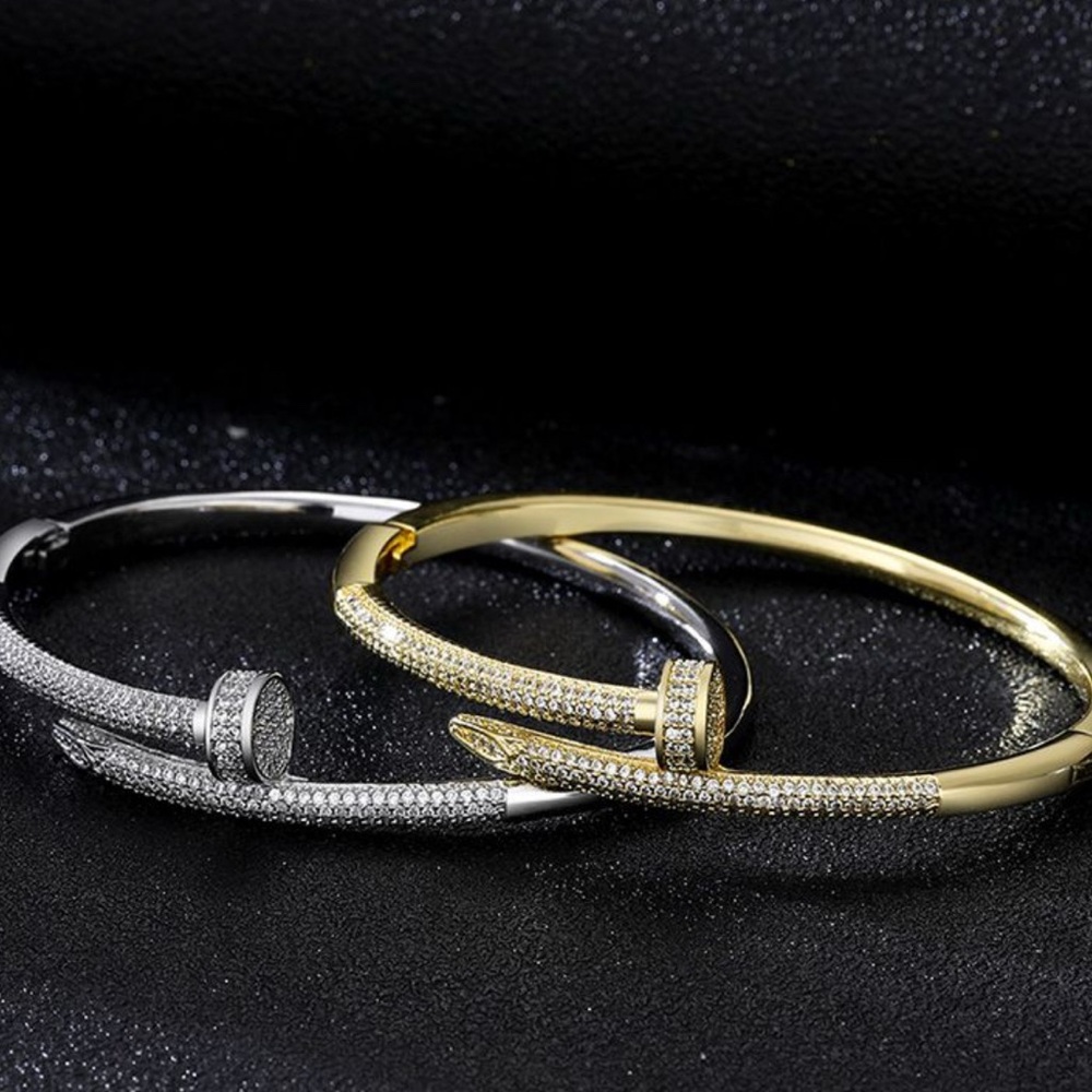 New Wrap Around Nail Style Bangle Bracelet w/ Cubic Zirconia - Silver or Gold